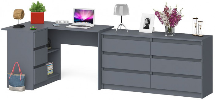 Мори Стол компьютерный МС-16 левый + Комод МК1380.6, цвет графит, ШхГхВ 262,4х84,9х76,6 см., выдвижные ящики слева, НЕ универсальная сборка