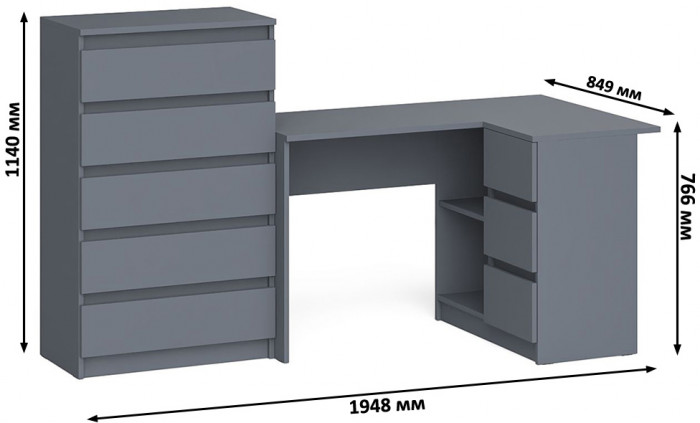 Мори Стол компьютерный МС-16 правый + Комод МК700.5, цвет графит, ШхГхВ 194,8х84,9х114 см., выдвижные ящики справа, НЕ универсальная сборка