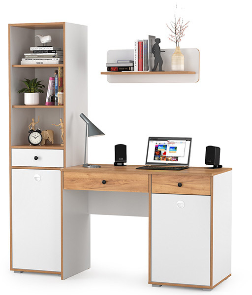 Вуди Компоновка № 03, цвет белый премиум/дуб крафт золотой, ШхГхВ 155х52,7х180,3 см., универсальная сборка