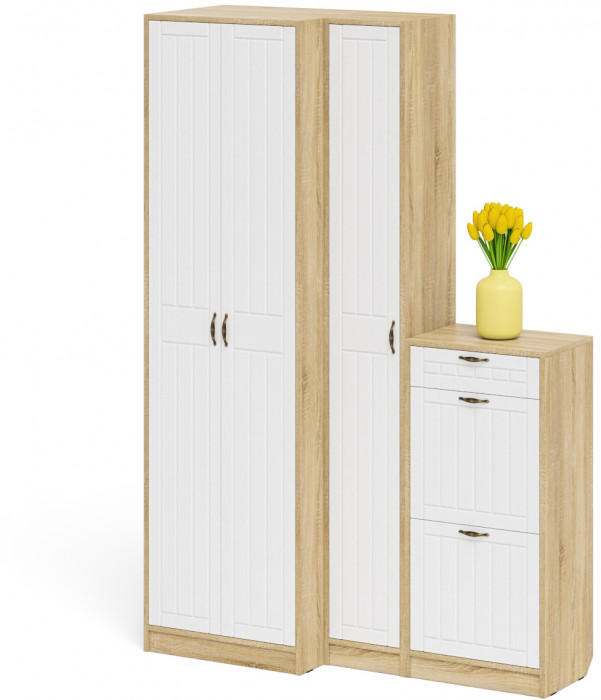 Прихожая П-6 Компоновка № 28, цвет дуб сонома/фасады МДФ белое дерево фрезеровка прованс, ШхГхВ 140х50х210 см., универсальная сборка