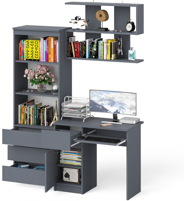 Мори компьютерный стол МС-1 левый + Стеллаж МСТ600.3 + Полка 900, графит