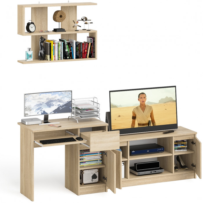 Мори компьютерный стол МС-1 правый + Тумба МТВ1200.1 + Полка 900, дуб сонома