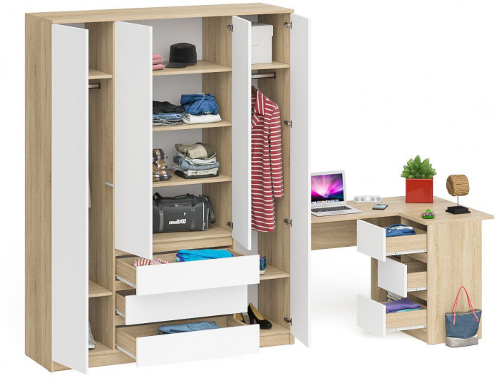 Мори компьютерный стол МС-16 правый + Шкаф МШ1600.1, дуб сонома/белый
