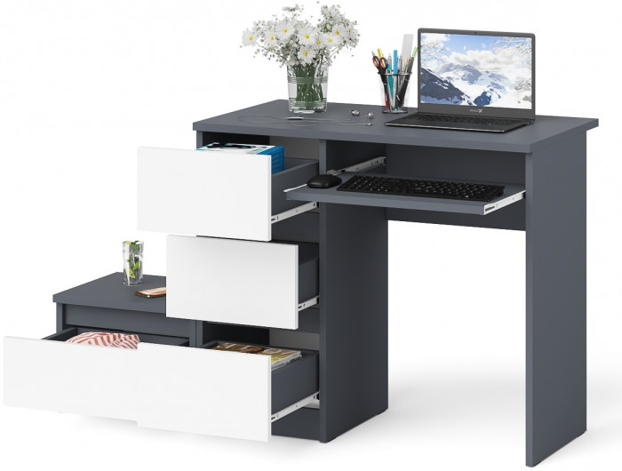 Мори Стол компьютерный МС-6 левый + Тумба ТМП400.1, цвет графит/белый, ШхГхВ 130,4х50х76,6 см., выдвижные ящики слева, НЕ универсальная сборка