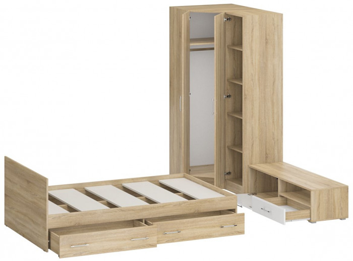 Спальня Стандарт 4-1200Я, дуб сонома/фасады ТВ тумбы МДФ белый глянец