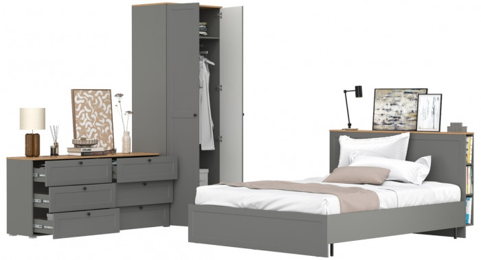 Остин 11.53 Кровать + ортопед + 13.224 Шкаф + 16.240 Комод, серый графит/дуб крафт золотой